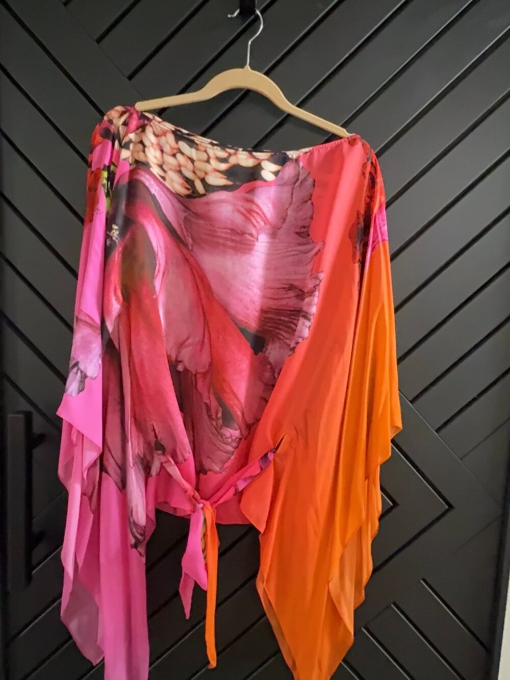 Robert Cavalli Silk Floral Print Kaftan Poncho Top Tie Front Pink Orange OS - Picture 3 of 6